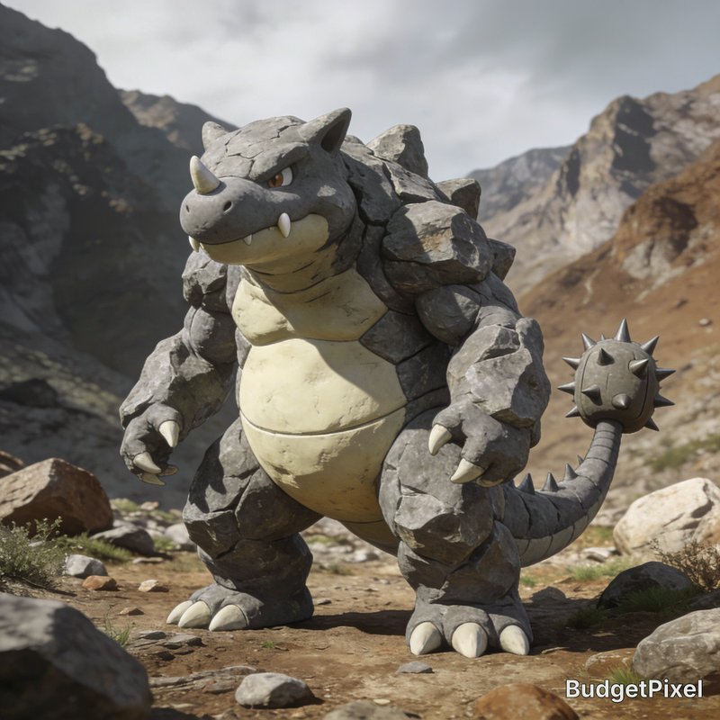 Cartoon stone dragon/monster with armored plates in a rocky canyon landscape
