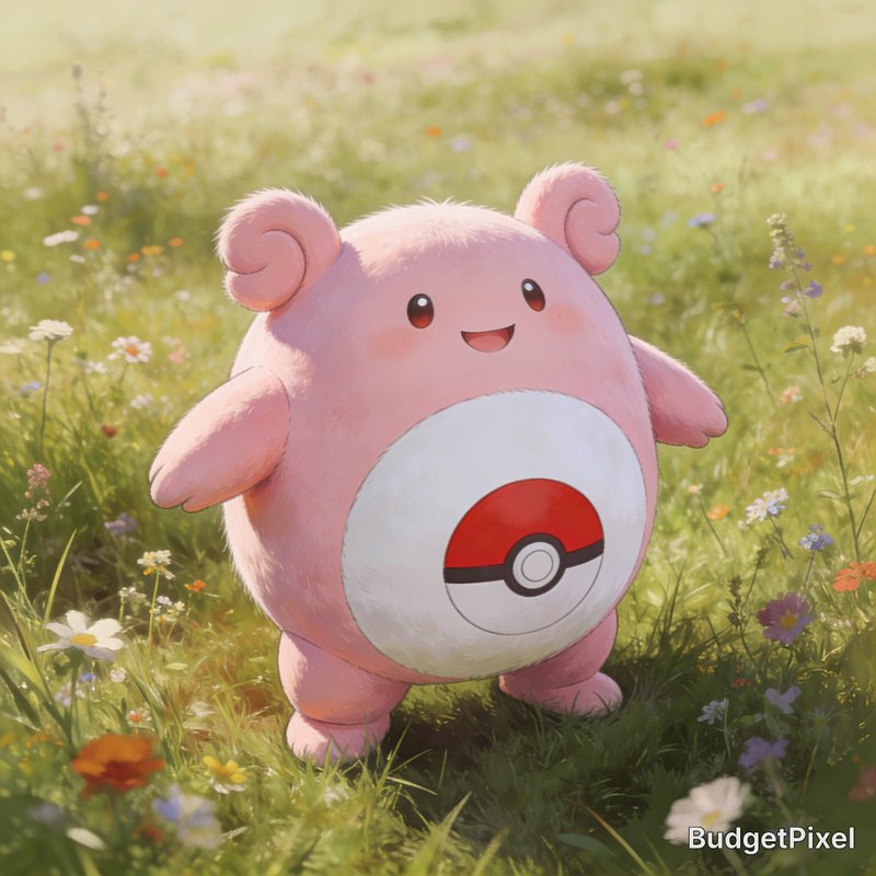 Cute pink, round Pokemon-inspired creature with a Poké Ball belly in a sunlit meadow.