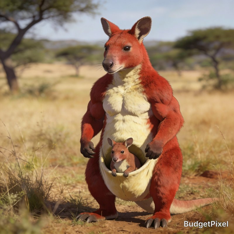 Red kangaroo standing in a sunlit savanna with a joey in its pouch