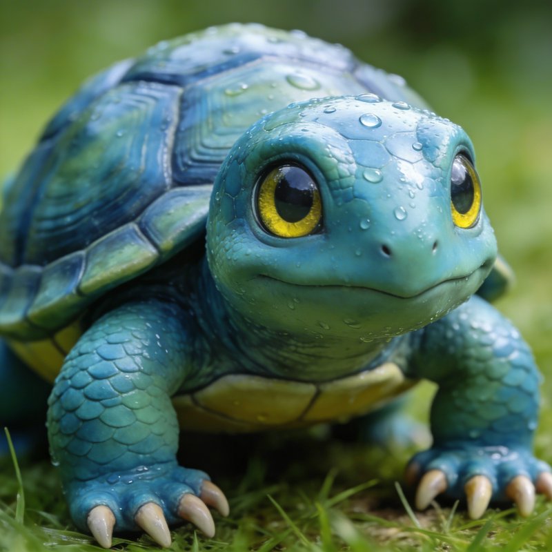 Close-up of a blue turtle toy with yellow eyes and water droplets on its shell.