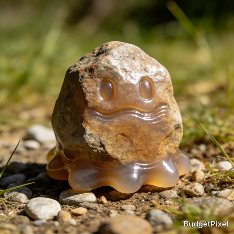 Smooth stone with a carved smiling face and a glossy resin-like base on a pebble-filled outdoor ground