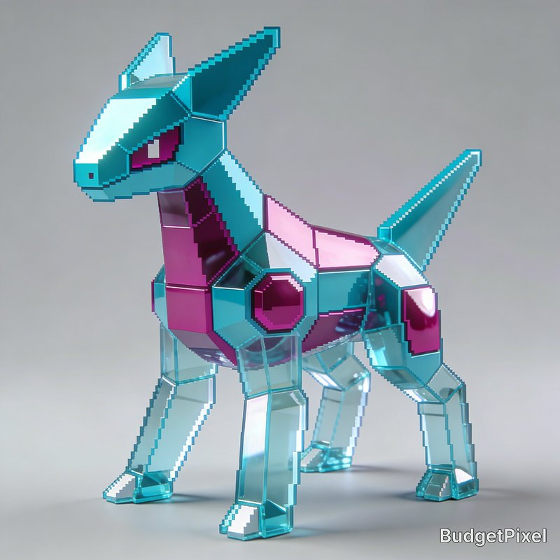 3D pixel art faceted glass fantasy canine creature, blocky turquoise and magenta voxel monster on plain gray studio