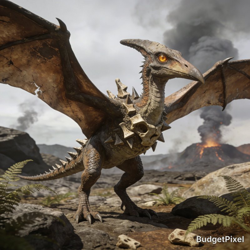 Armored fantasy pterosaur stands alert with spread tattered wings, erupting volcanoes in prehistoric rocky background