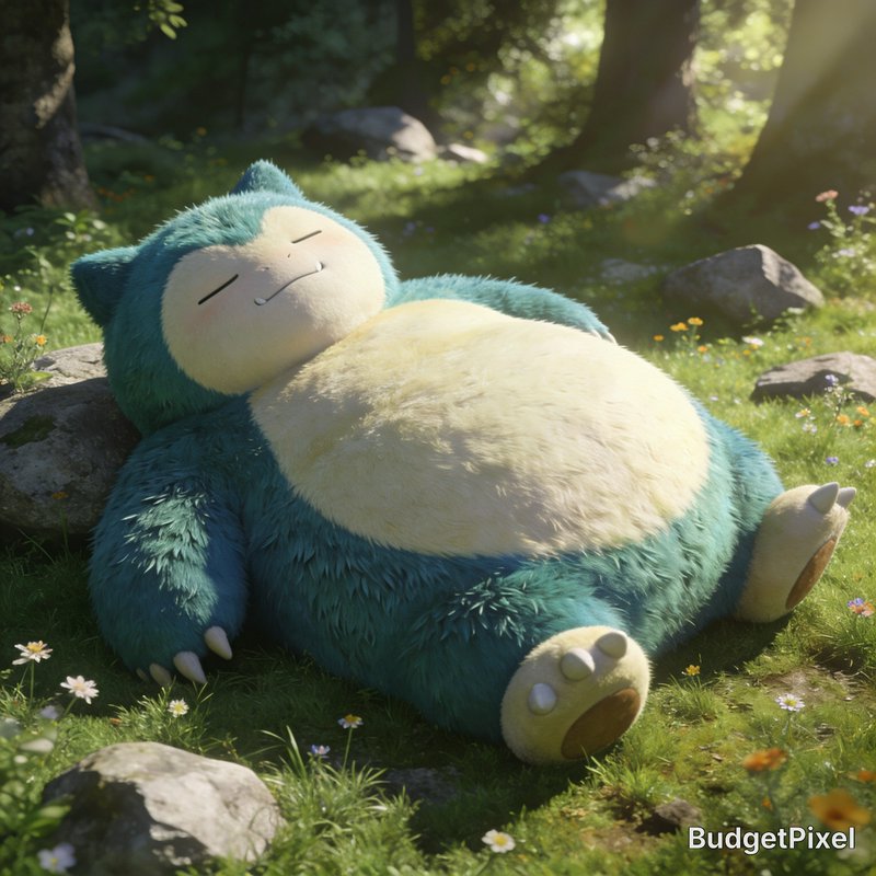 Fluffy realistic Snorlax Pokemon napping peacefully on sunlit grass in a quiet wildflower forest clearing