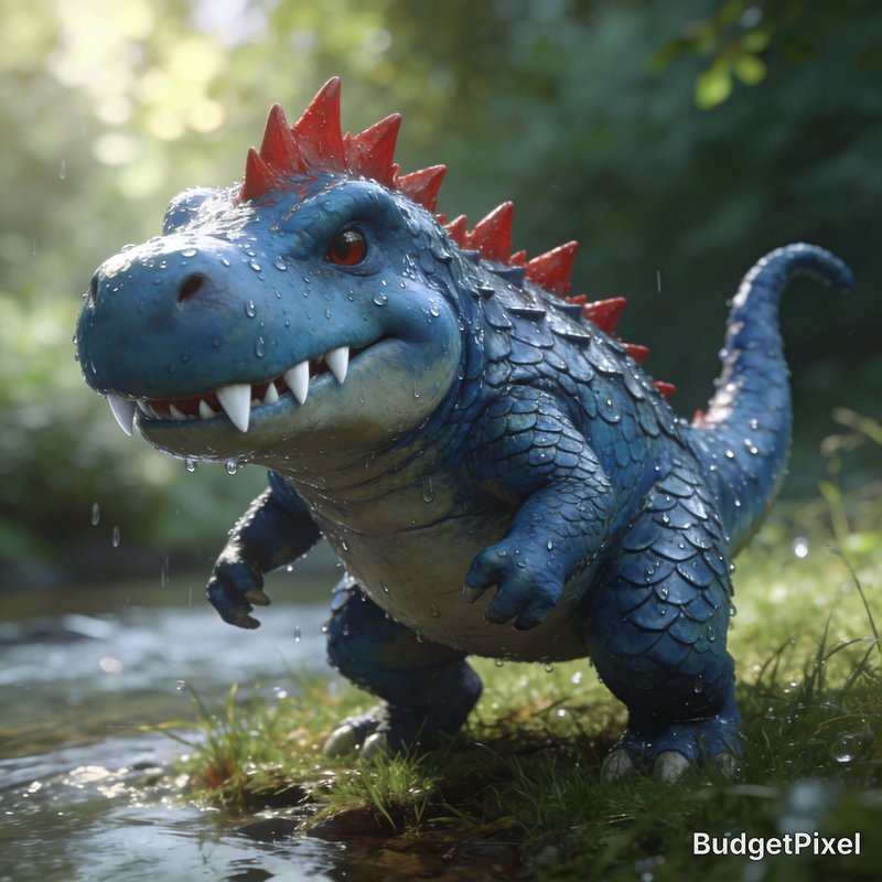 Chubby blue scaled fantasy crocodile with red dorsal spikes stands on a grassy stream bank in light sunlit rain.
