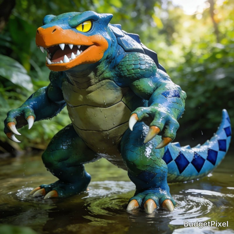 Stylized anthropomorphic blue-green crocodile fantasy creature stands glistening wet in a shallow jungle stream