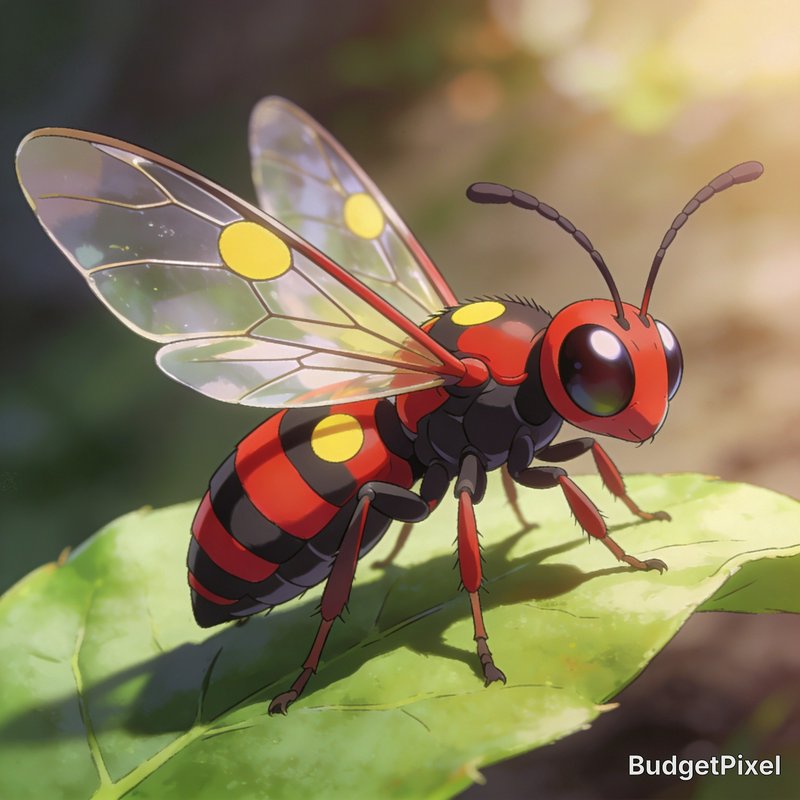 Cute anime-style illustrated wasp with red, black, and yellow markings perched on a sunlit green leaf