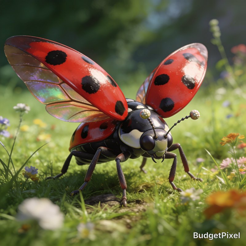 Stylized 3D rendered ladybug with spread red spotted wings standing on a sunlit wildflower meadow