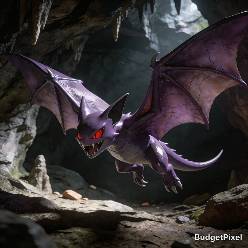 3D rendered glossy purple bat-like fictional dragon hovering in a rocky cave with glowing red eyes