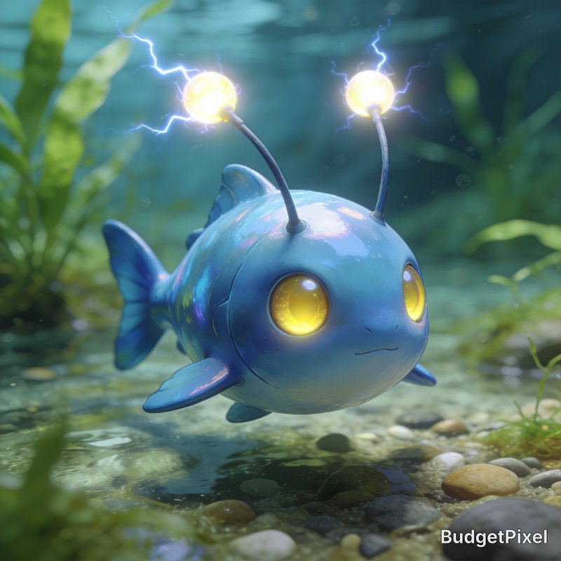 Adorable glossy blue electric fantasy fish with sparking glowing antenna orbs floats over an underwater riverbed