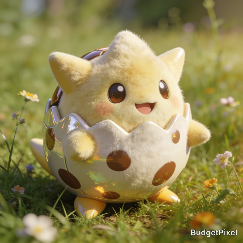 Cute fluffy Togepi Pokemon emerging from a spotted egg shell on a sunlit wildflower meadow