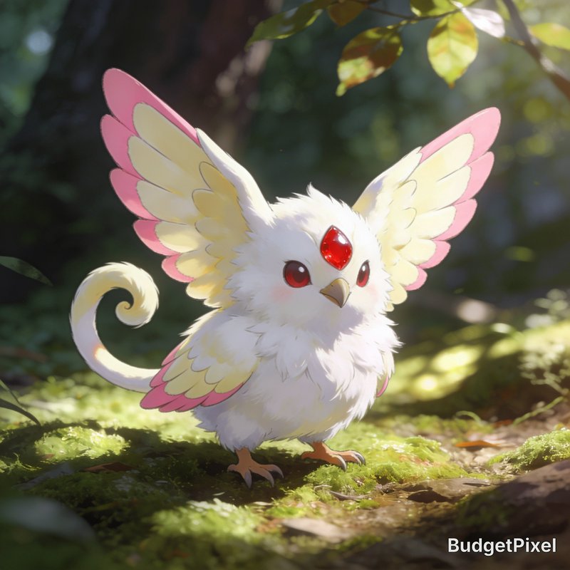 Fluffy cute anime fantasy bird creature with red forehead gem stands on sunlit mossy forest floor