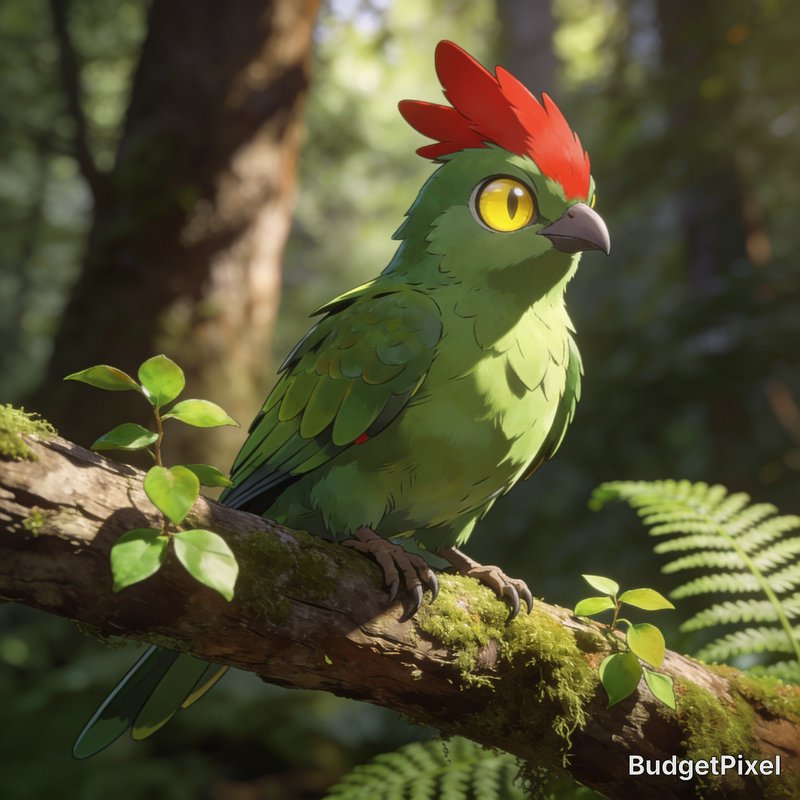 [Anime-style green bird with spiky red crest and large yellow eyes perched on a mossy forest branch]