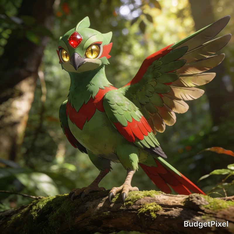 Anime-style fantasy bird creature with red forehead gem perched on a mossy sunlit rainforest branch