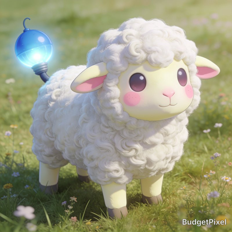 [Cute fluffy chibi fantasy sheep with a glowing blue lightbulb tail standing in a sunlit wildflower meadow]