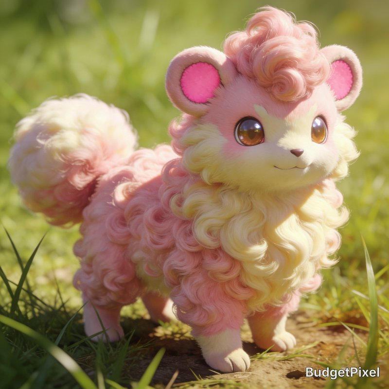 [Adorable fluffy pastel pink and cream fantasy creature standing in sunlit grass, with large shiny brown eyes]