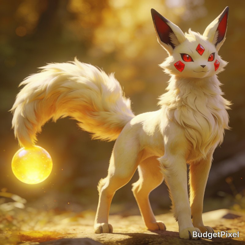 Fluffy cream mythical fox creature with red gem markings stands in sunlit forest, tail curled aro...