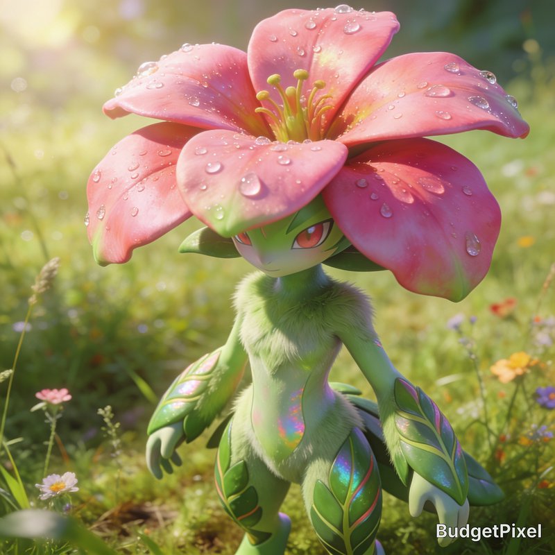 Cute grass-type fantasy creature with a dewy pink lily flower head stands in a sunlit wildflower meadow