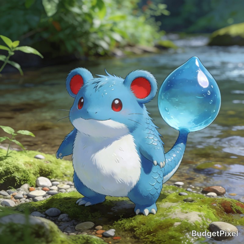 [Cute anime-style blue water-type fantasy creature with a water drop tail stands on a mossy forest stream bank]