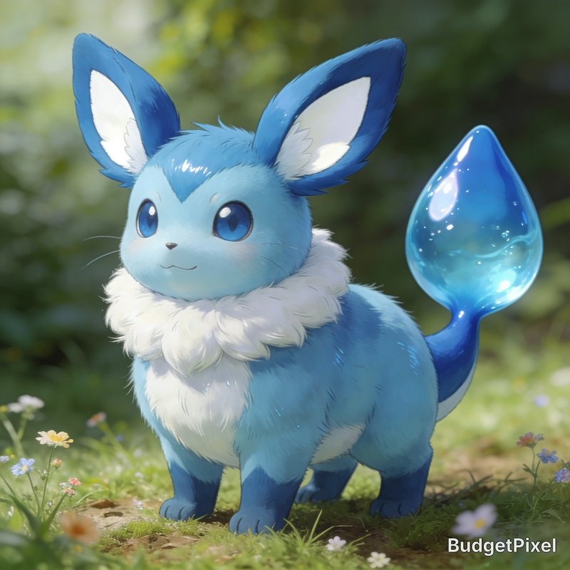 Cute fluffy blue water-type fantasy creature with a glossy teardrop water tail standing in a sunl...