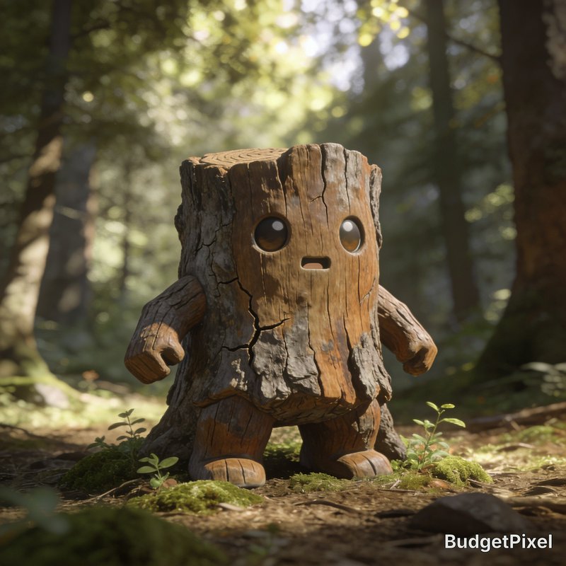 Cute anthropomorphic wooden tree stump character with big round eyes stands in a sunlit mossy forest.