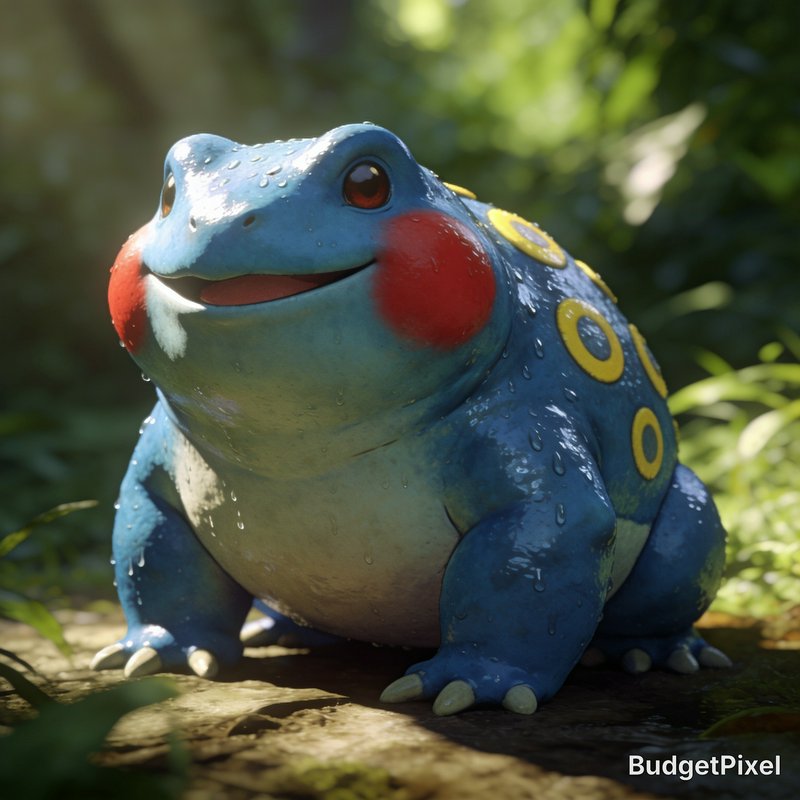 [Photorealistic 3D render of a cheerful chubby blue frog Pokemon sitting on a sunlit forest floor]