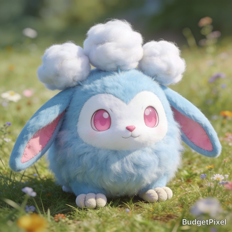 Fluffy pastel blue fantasy bunny creature with cloud tufts on its head sits in a sunlit wildflowe...