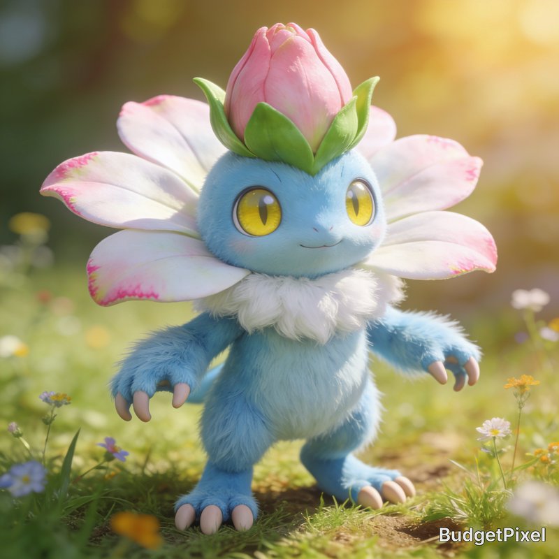 Cute fluffy blue floral fantasy creature stands smiling in a sunlit wildflower meadow, pink bud c...