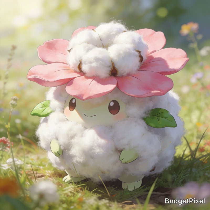 Cute fluffy chibi plant creature with a pink blossom hat standing in a sunlit wildflower meadow