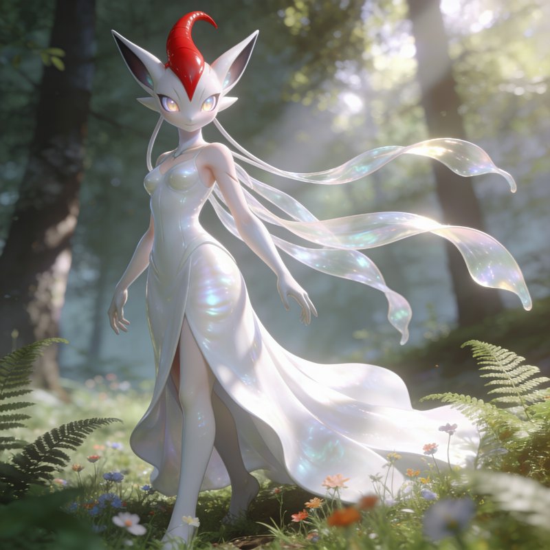 Elegant anthropomorphic fox fantasy creature with red crest stands in sunlit wildflower forest we...