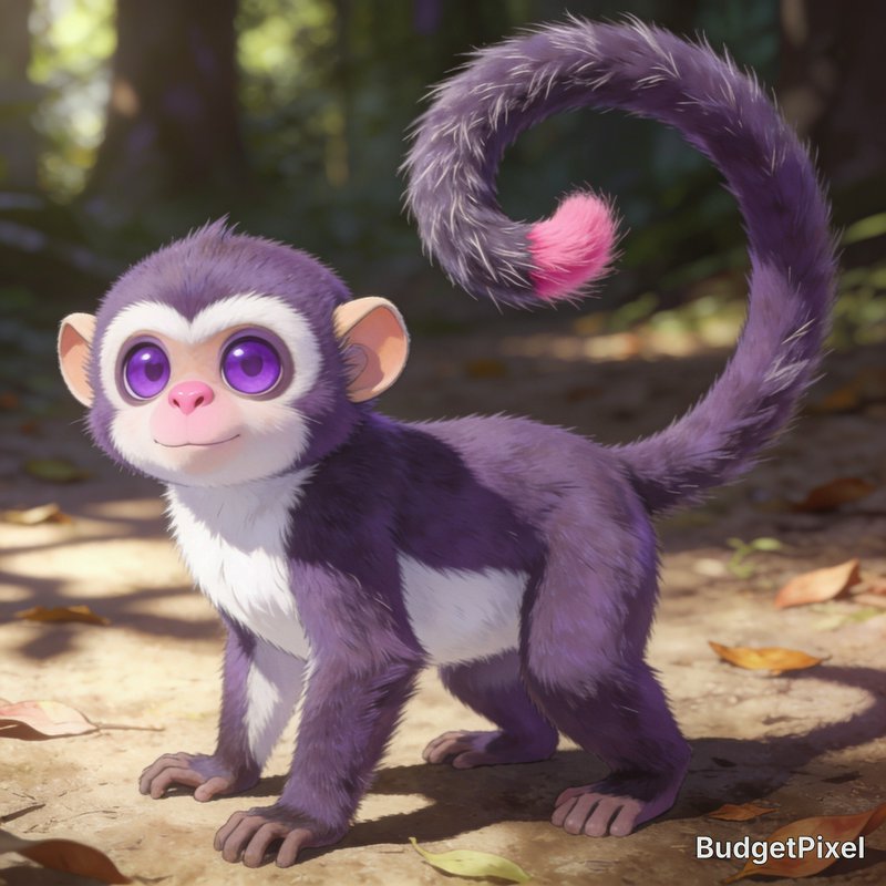 Cute stylized purple fantasy monkey with large violet eyes stands on a sunlit forest path, fluffy...