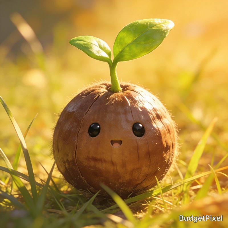 Adorable smiling round seed character with a green leaf sprout sits in sunlit grass