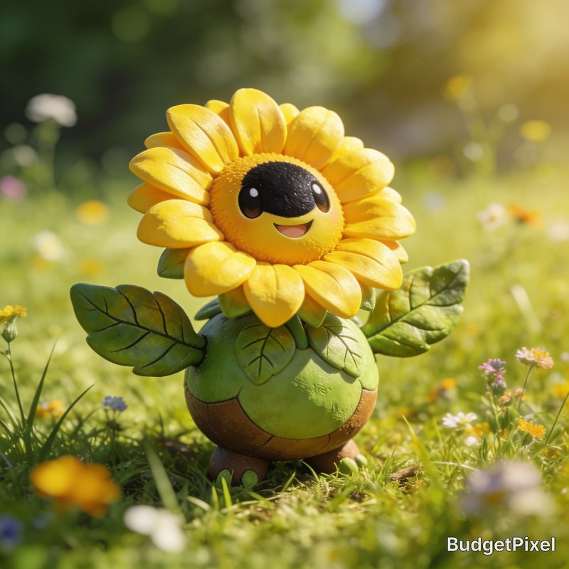 Cheerful smiling anthropomorphic sunflower character standing in a sunlit wildflower meadow, rend...