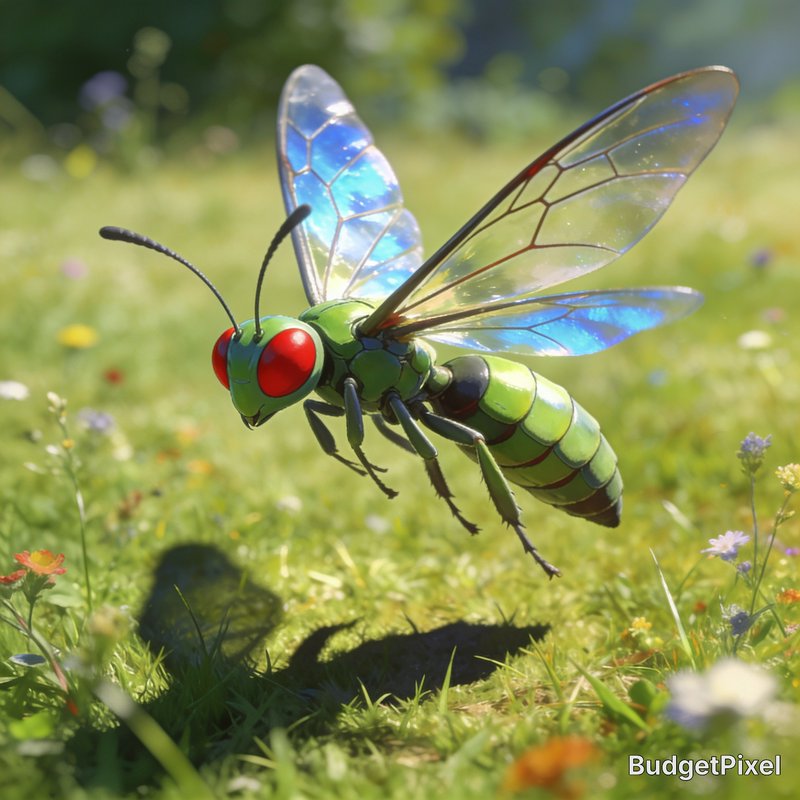 Stylized glossy green fantasy insect with red eyes and iridescent wings hovers over a sunlit wild...