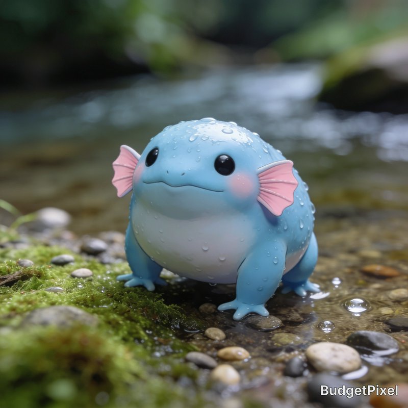 Cute round light blue fantasy amphibian with pink gills sits on a mossy stream bank covered in wa...