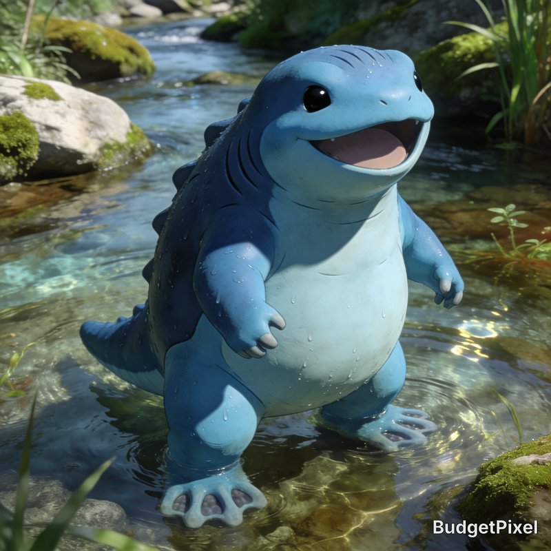 Cute chubby blue aquatic fantasy creature smiles while standing in shallow sunlit forest stream
