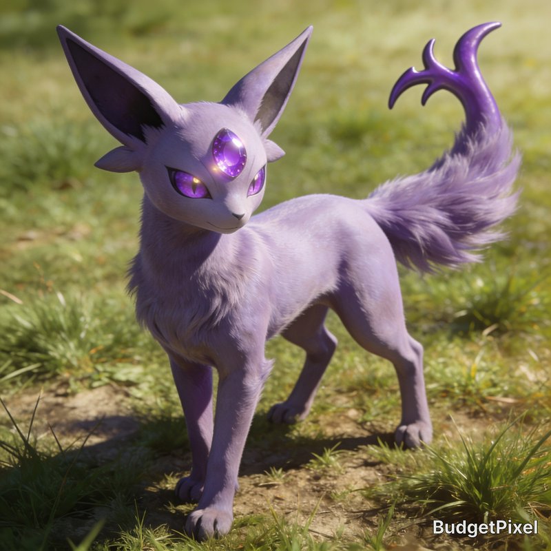 Photorealistic 3D render of purple Psychic-type Pokemon Espeon standing in a sunlit grassy field.