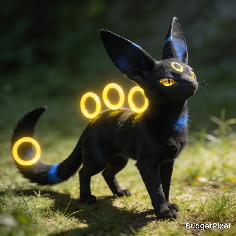 Photorealistic fan art of Umbreon, the dark-type Eeveelution, with glowing gold rings standing in...