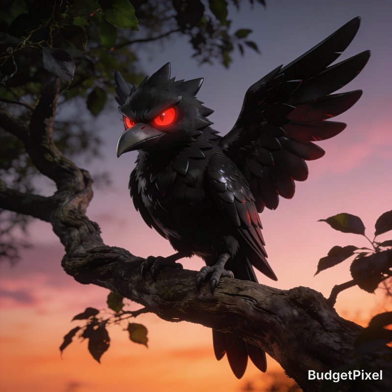 Menacing stylized black raven with glowing red eyes perched on a gnarled tree branch at sunset.