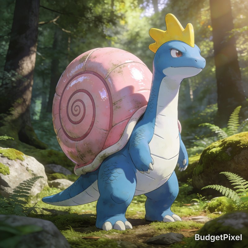 Anime-style blue hybrid fantasy creature with pink spiral shell and yellow crown stands in sunlit...