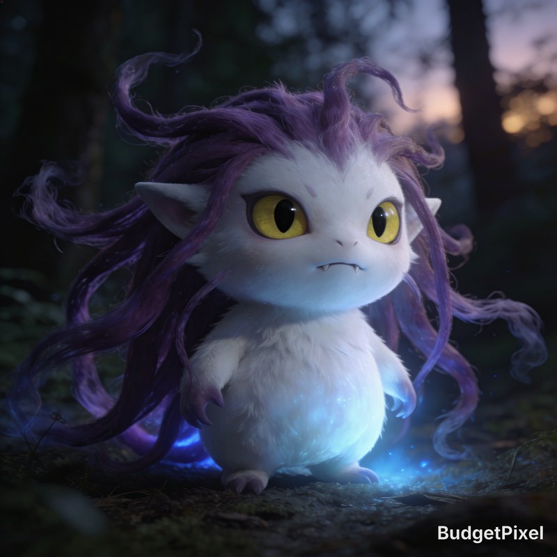 Adorable fluffy fantasy forest creature with swirling purple hair, big yellow eyes, glowing blue ...