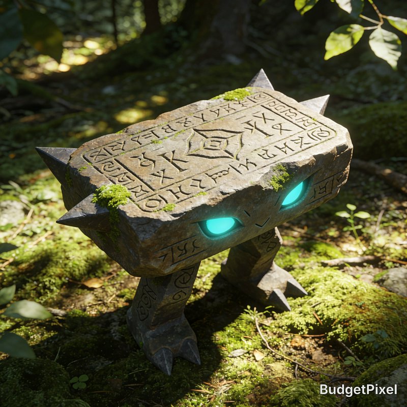 Mossy rune-carved stone cat golem with glowing cyan eyes standing on a sunlit mossy forest floor