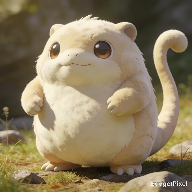 Cute fluffy pale cream fantasy creature with large brown eyes standing in a sunlit woodland clearing