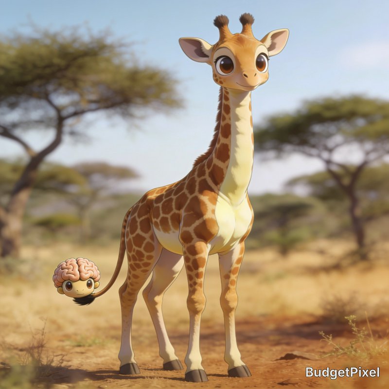 Cute anime style giraffe stands in sunlit savanna, tiny brain-headed creature perched on its tail