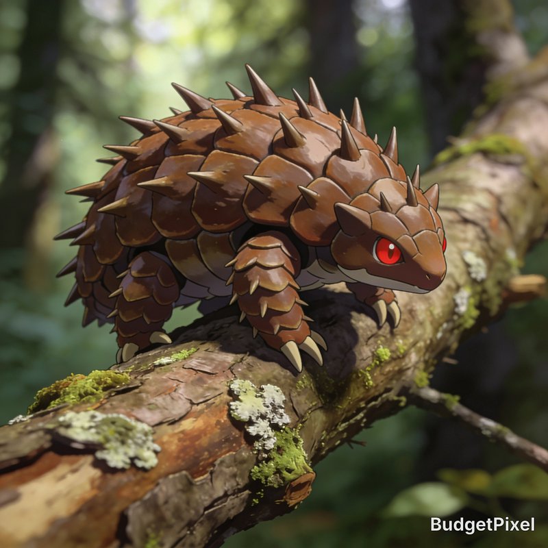 Anime-style spiked brown armored fantasy turtle creature with red eyes perched on a mossy forest ...