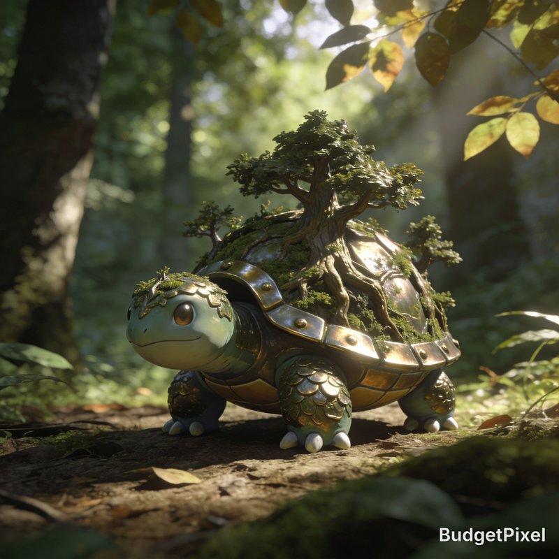 Whimsical fantasy armored tortoise with miniature trees growing on its shell stands in a sunlit f...