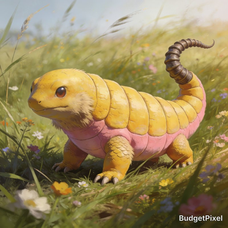 Cute whimsical armadillo-like fantasy reptile with yellow plating and pink underbelly stands in a...