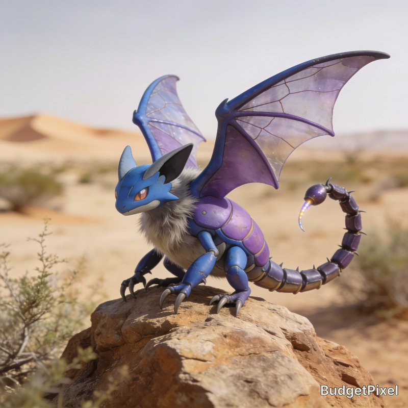 Photorealistic hybrid dragon Pokemon perched on a rock in a sunlit sandy desert landscape