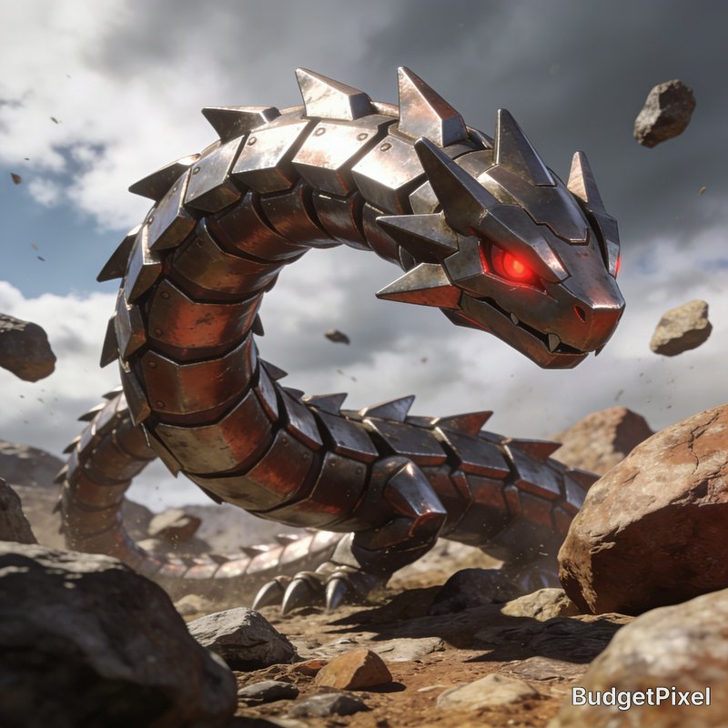 Spiked weathered metal robotic dragon with glowing red eyes looms over rocky debris-strewn wastel...
