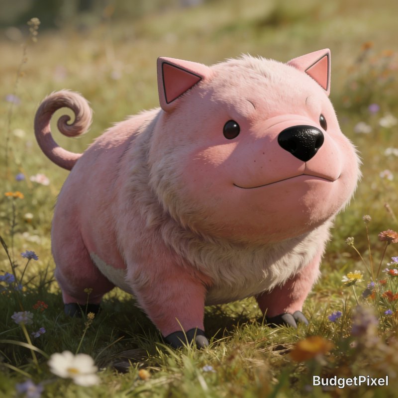 Adorable fluffy pink 3D cartoon hybrid creature standing in a sunlit wildflower meadow with a gen...